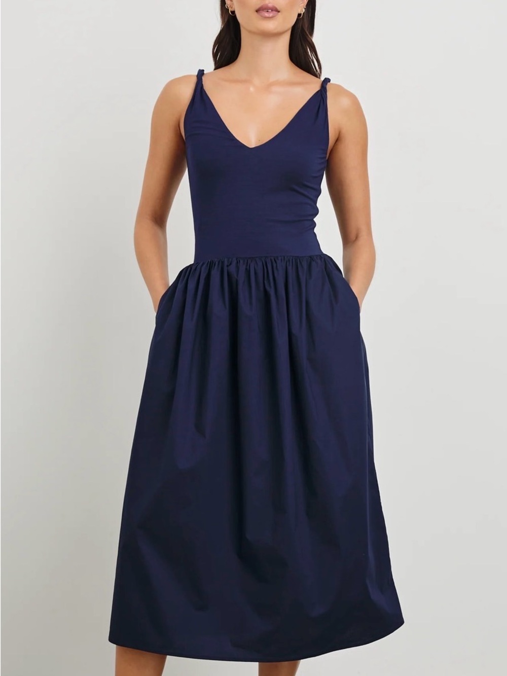 Rails Navy Sleeveless V-Neck Gathered Midi Dress - Picture 3 of 10